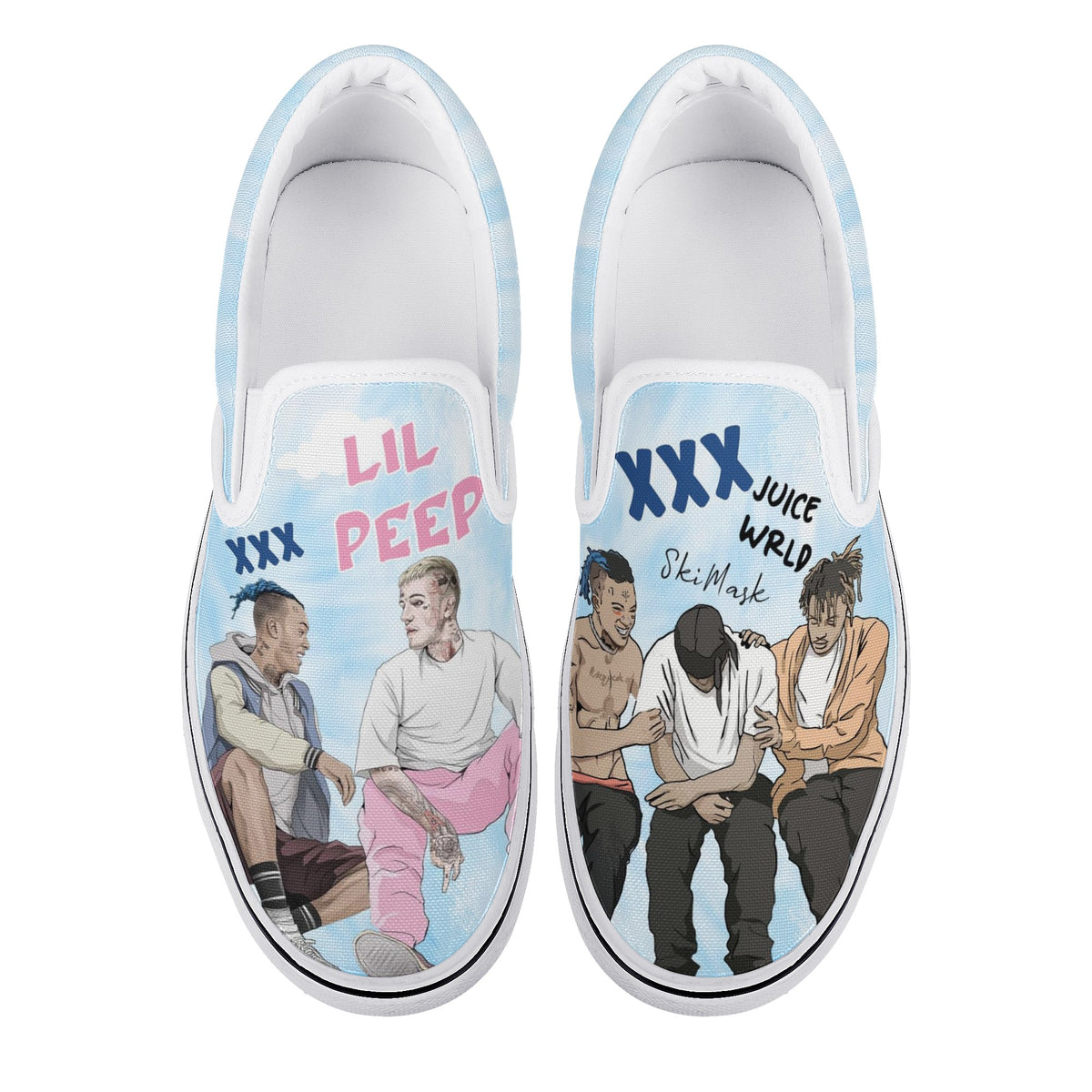 Juice Wrld &amp; Lil Peep &amp; XXXTentacion &amp; Ski Mask the Slump God Custom Vans Slip On Shoes